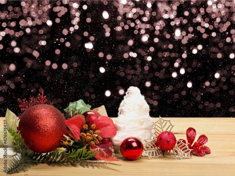 Christmas balls of color on the desk to decorate the tree, Christmas concept