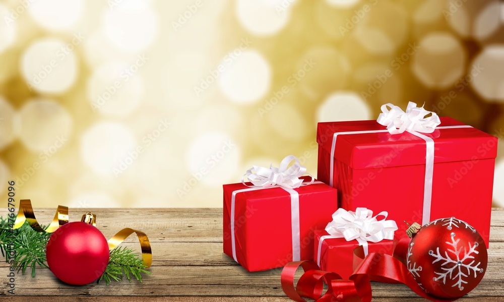 Christmas Decorations and gift boxes on bokeh background