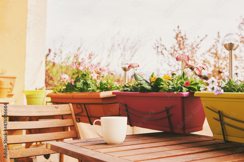 Colorful flowers growing in boxes hanging on balcony fence