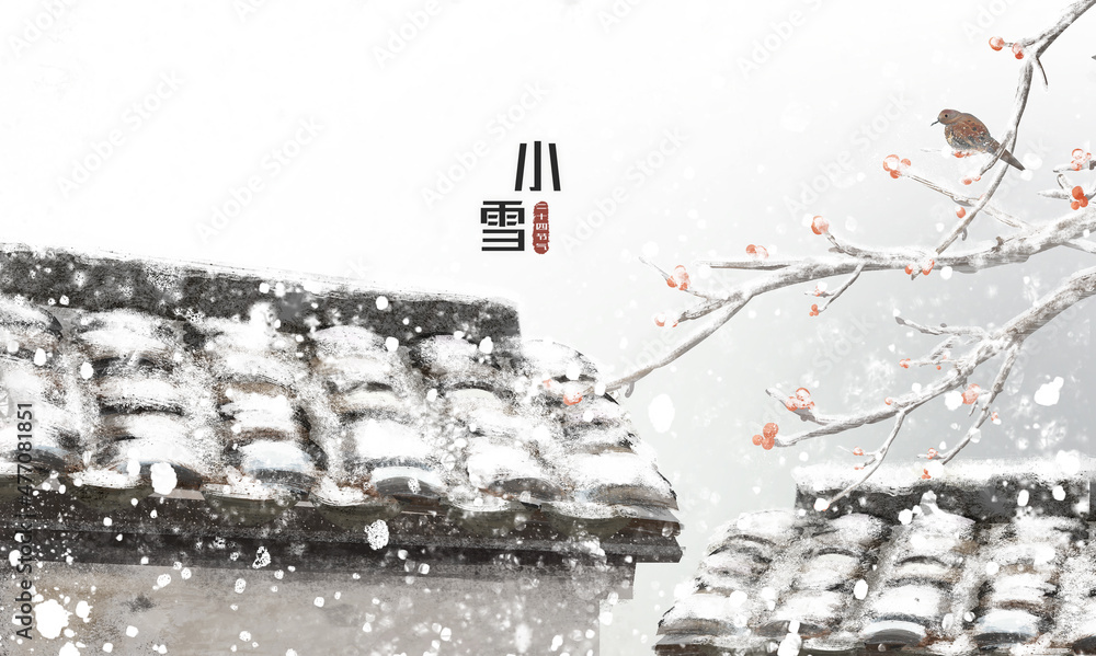 Ink style Jiangnan Hui architecture solar term illustration background