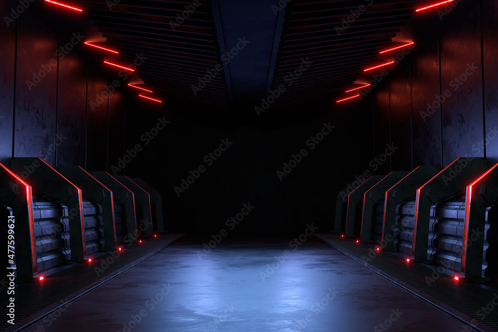 Empty dark room, Modern Futuristic Sci Fi Background. 3D illustration