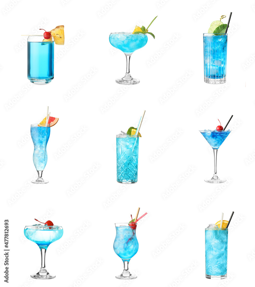 Glasses of Blue Lagoon cocktail on white background