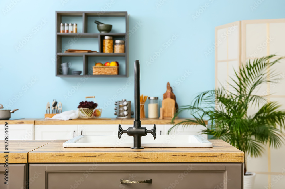 Stylish counter with sink in kitchen