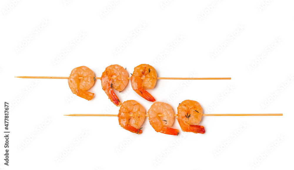 Tasty grilled shrimp skewers on white background