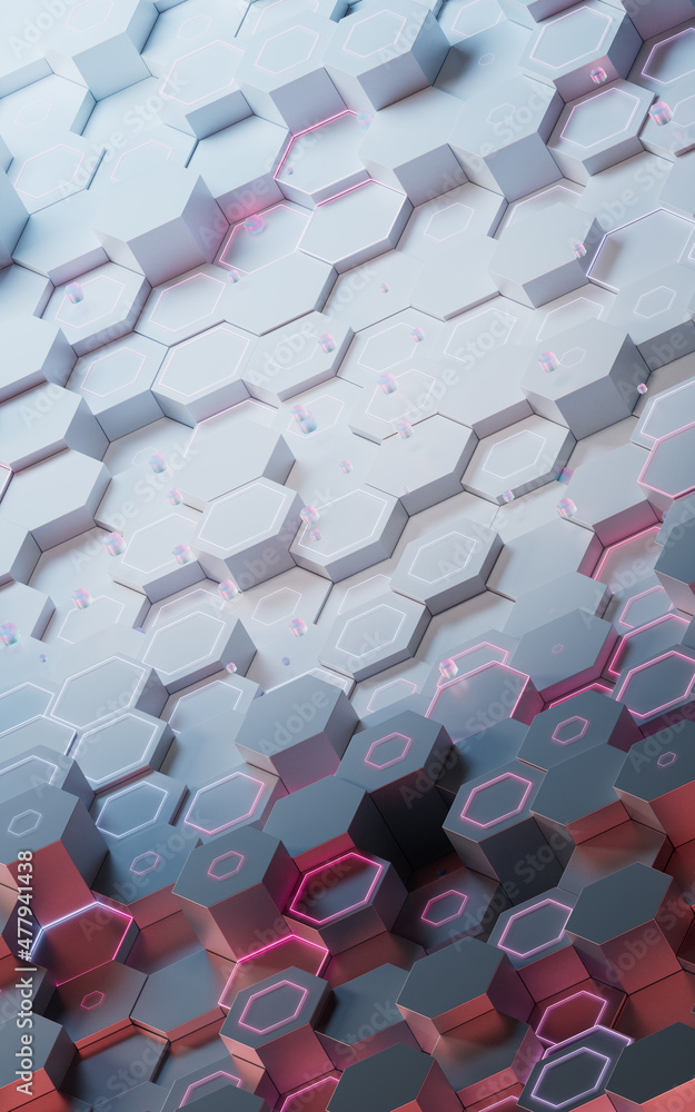 Hexagonal scientific and technological materials, 3d rendering.