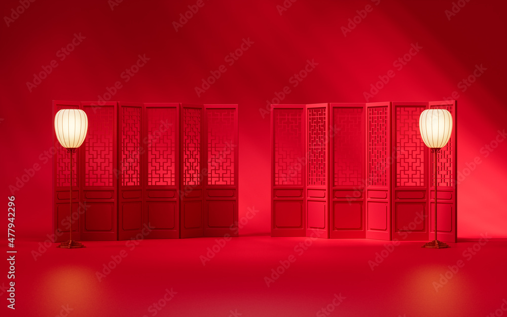 Chinese screen and lamp with red background, 3d rendering.