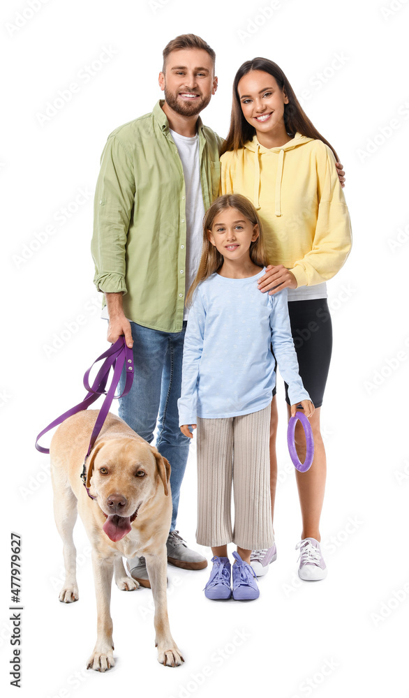 Happy parents with little daughter and cute Labrador dog on white background