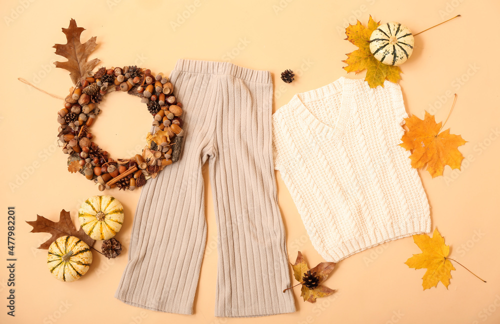 Kid clothes and beautiful autumn decor on color background