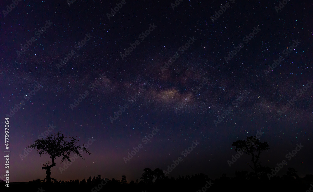 蓝色的夜晚全景，银河系的天空和黑暗背景下的星星，充满星星的宇宙，星云