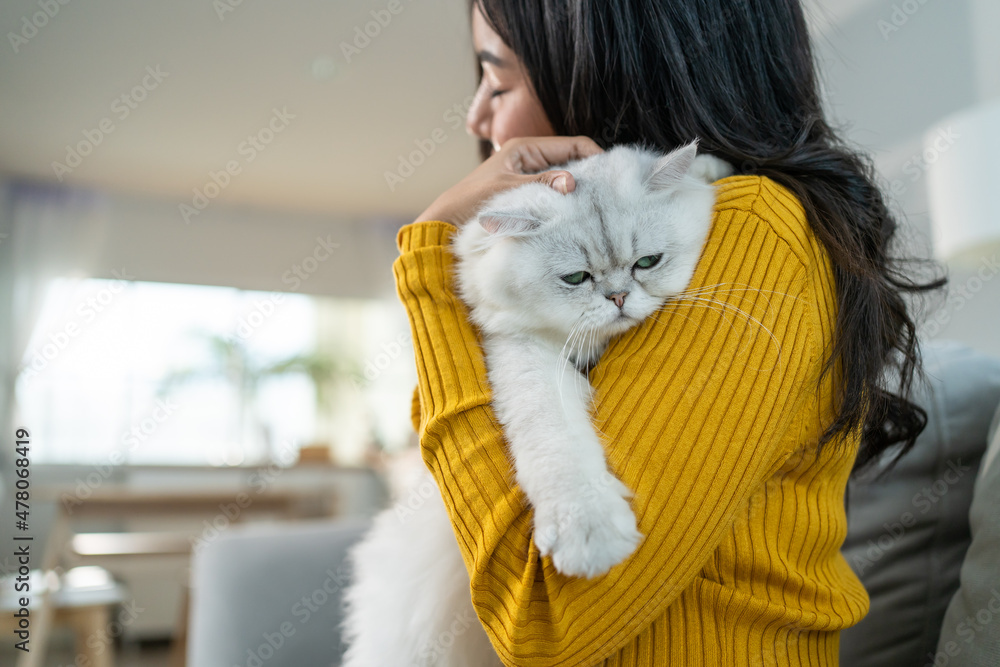 亚洲女人抱着小猫玩，在家里很开心。