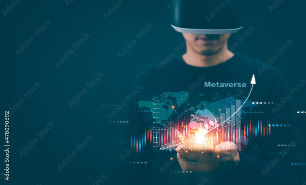 Man wearing VR glasses virtual growing plant planning and strategy, Stock market, Business growth, p