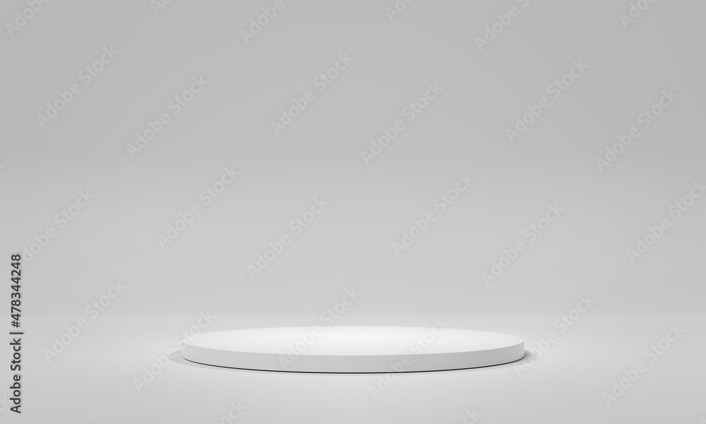 White stage podium background. Mockup of empty circular platform on white. Abstract geometric pedest