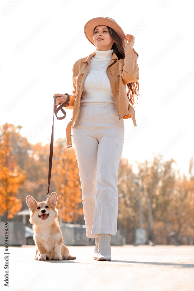 时尚年轻女子与可爱的柯基犬在城市广场散步