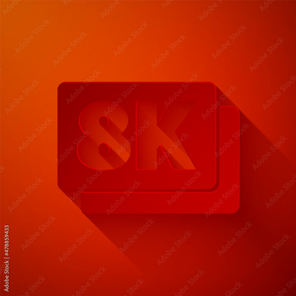 Paper cut 8k Ultra HD icon isolated on red background. Paper art style. Vector