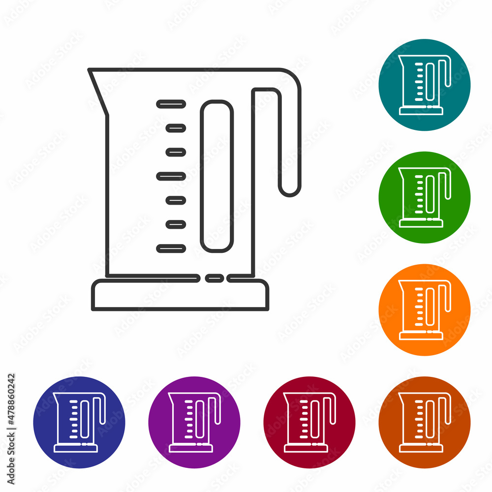 黑线白色背景上隔离的电热水壶图标。茶壶图标。将图标设置为彩色圆圈
