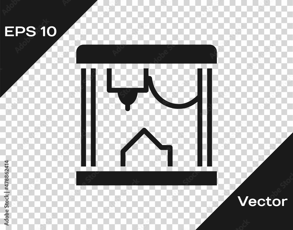 Black 3D printer icon isolated on transparent background. Vector