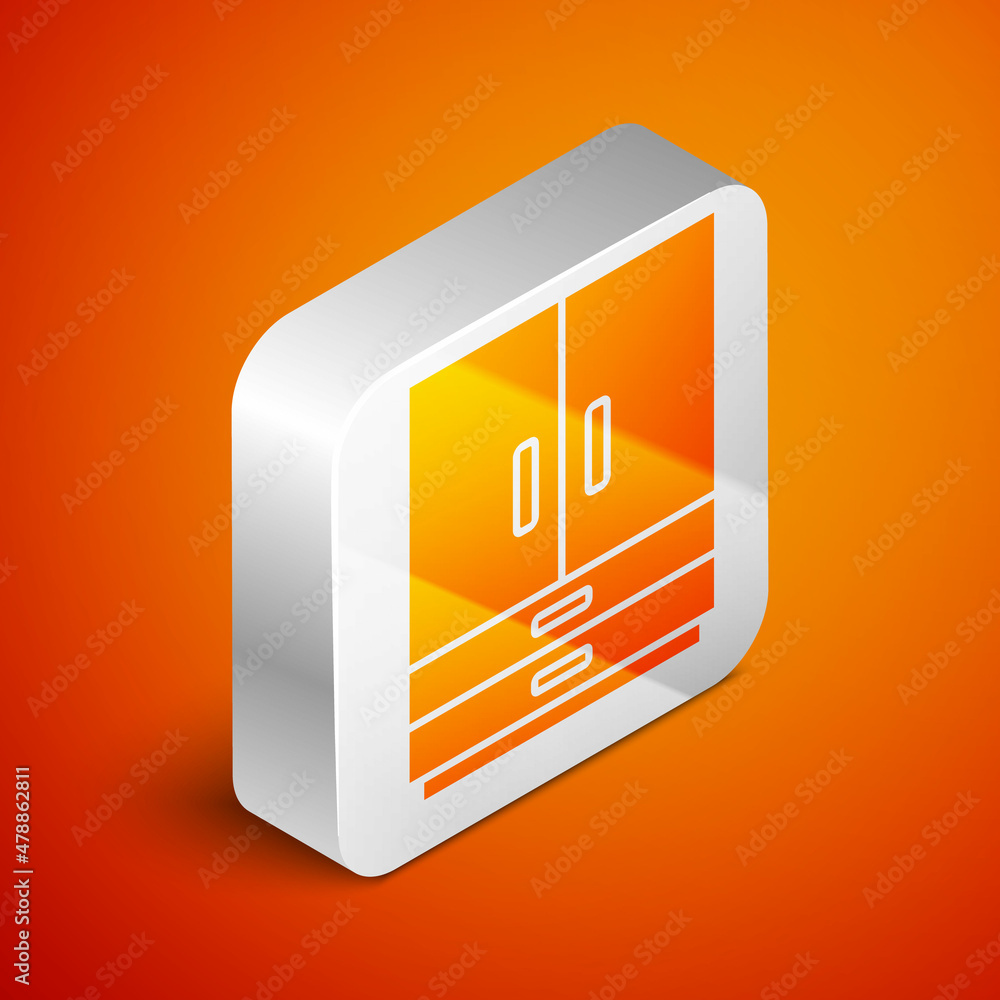 Isometric Wardrobe icon isolated on orange background. Silver square button. Vector