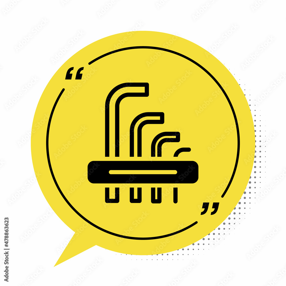 Black Tool allen keys icon isolated on white background. Yellow speech bubble symbol. Vector