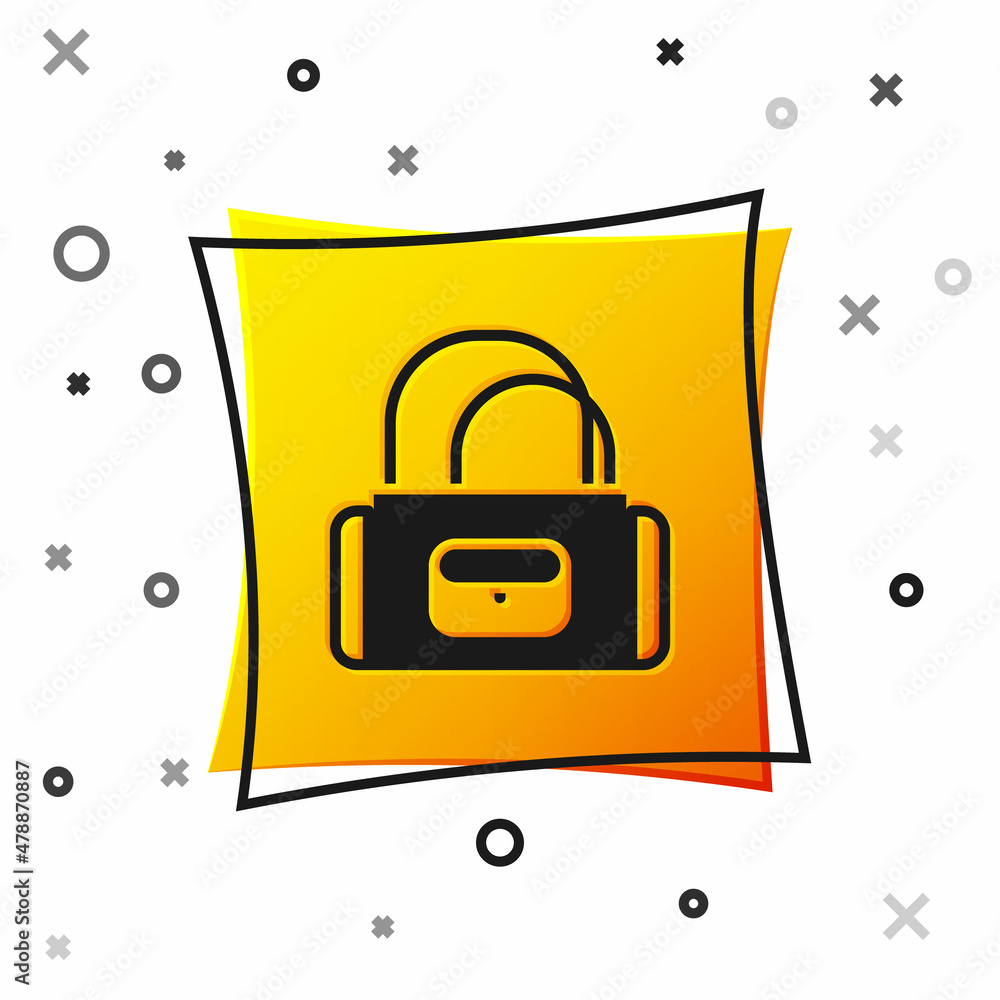 Black Sport bag icon isolated on white background. Yellow square button. Vector