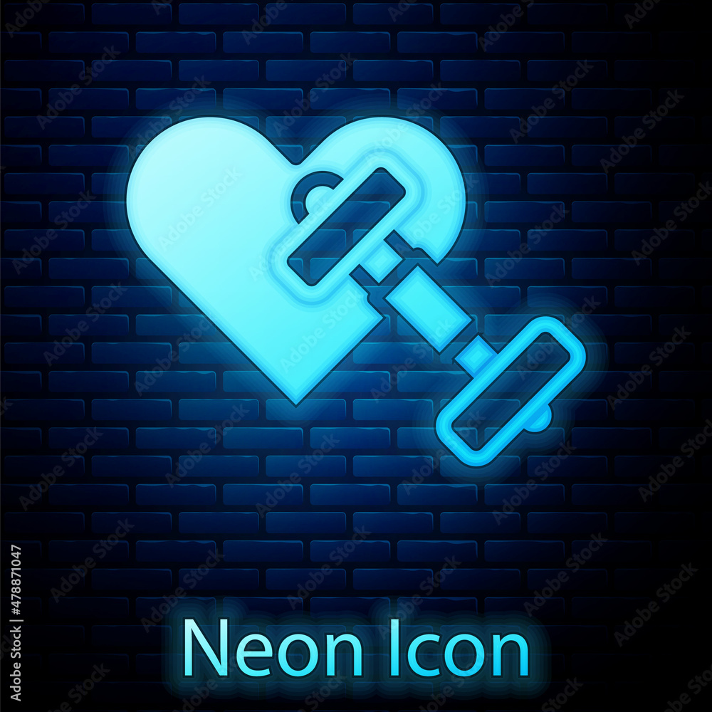 Glowing neon Dumbbell with heart icon isolated on brick wall background. Muscle lifting, fitness bar