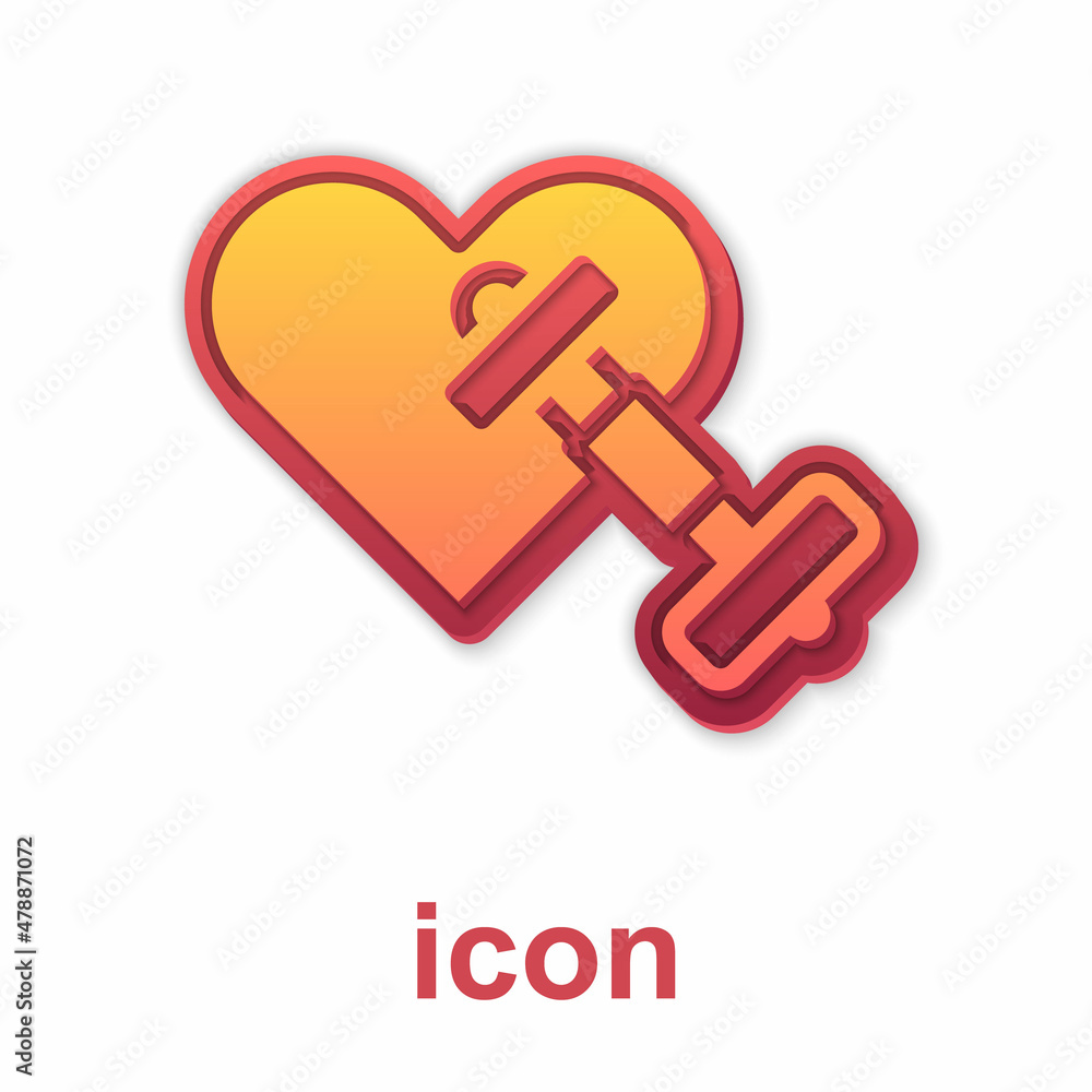 Gold Dumbbell with heart icon isolated on white background. Muscle lifting, fitness barbell, sports 