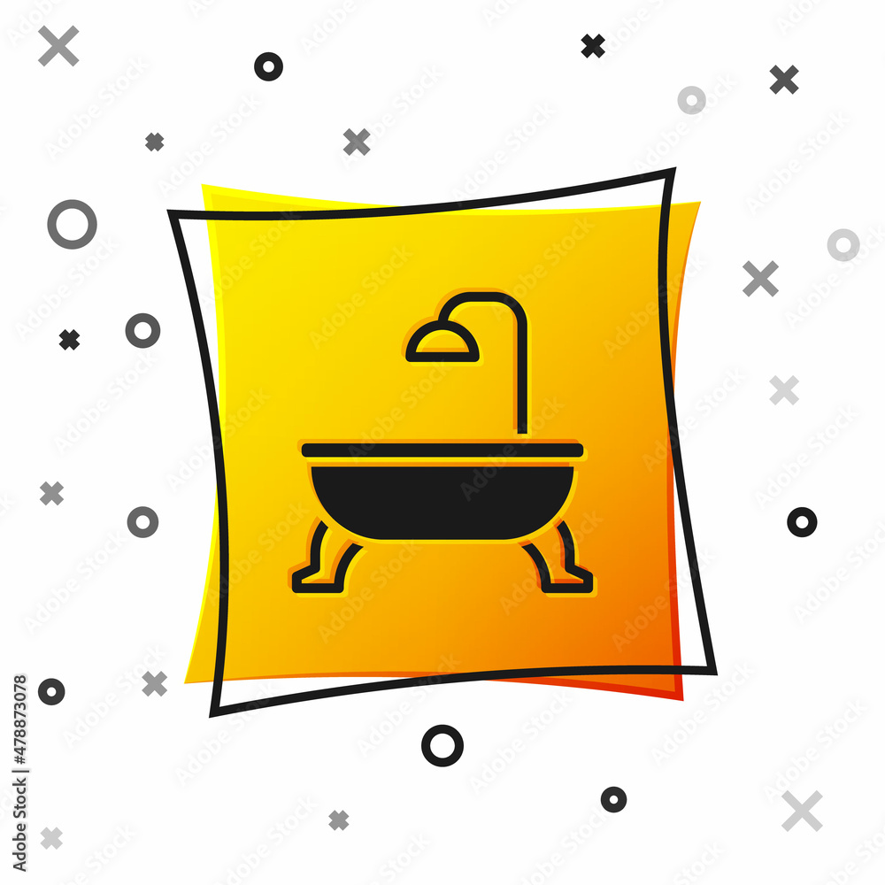 Black Bathtub icon isolated on white background. Yellow square button. Vector