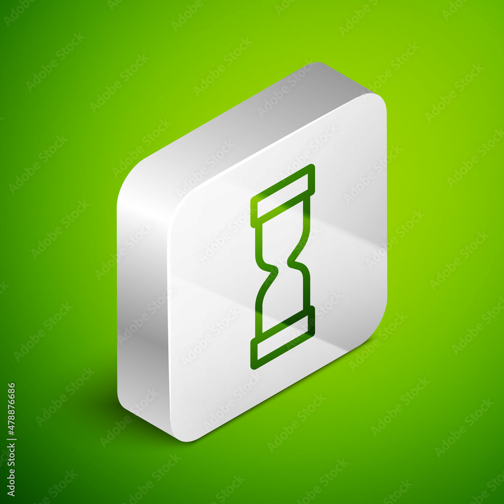 Isometric line Old hourglass with flowing sand icon isolated on green background. Sand clock sign. B