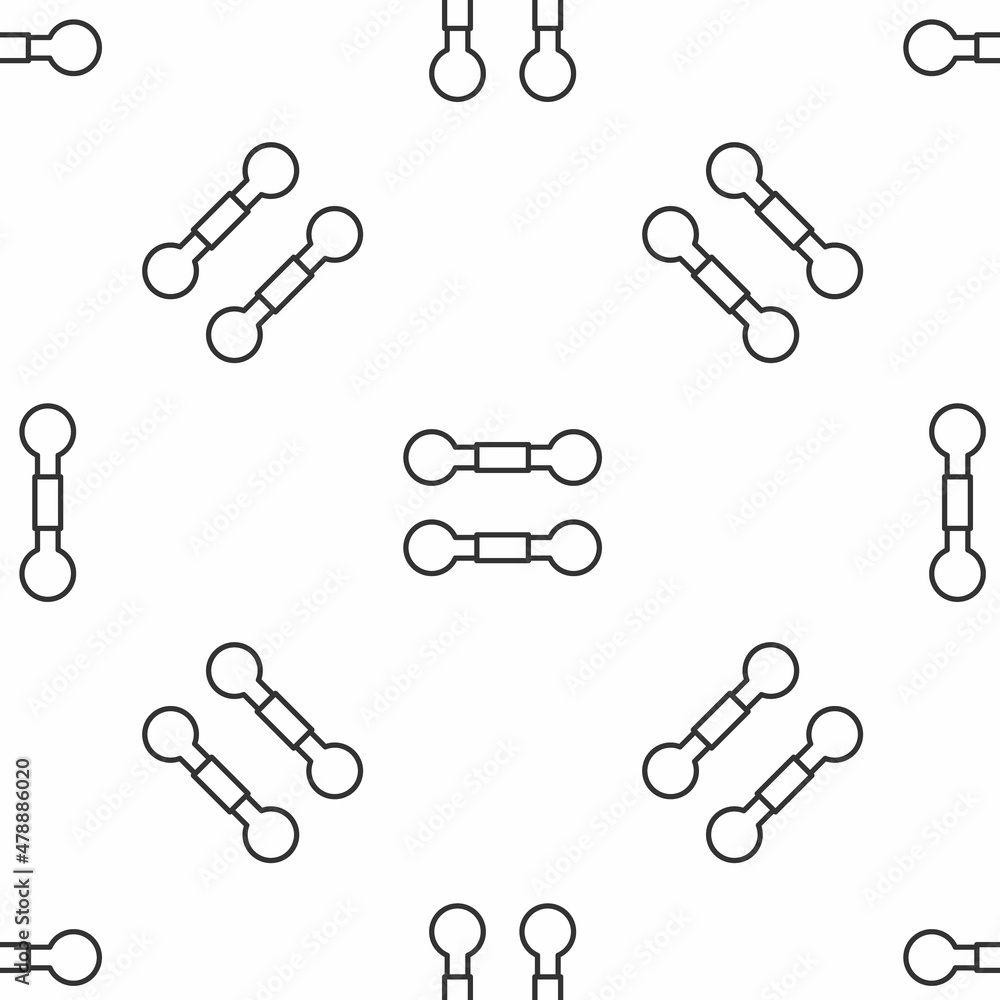 灰线哑铃图标在白色背景上隔离无缝图案。肌肉提拉，健身理发