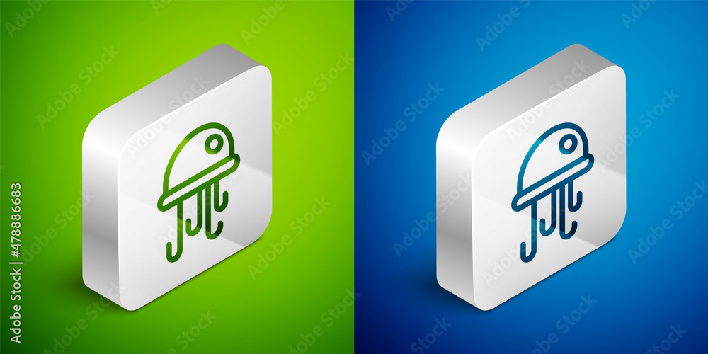 Isometric line Jellyfish icon isolated on green and blue background. Silver square button. Vector