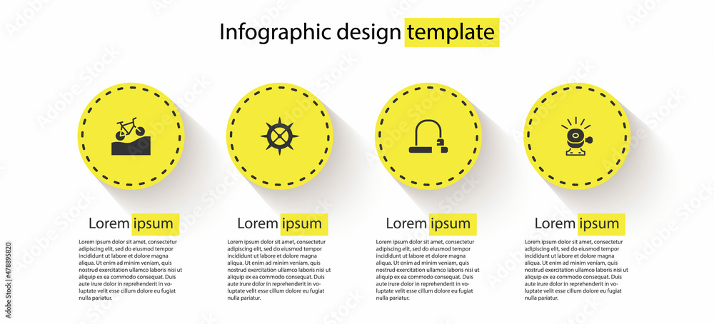设置山地自行车，自行车链轮曲柄，锁和铃。业务信息图模板。矢量