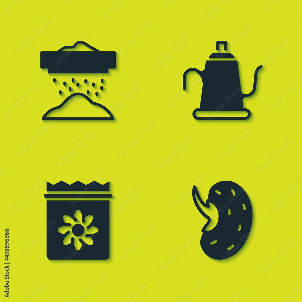 Set Sifting flour, Seed, Pack full of seeds of plant and Watering can icon. Vector