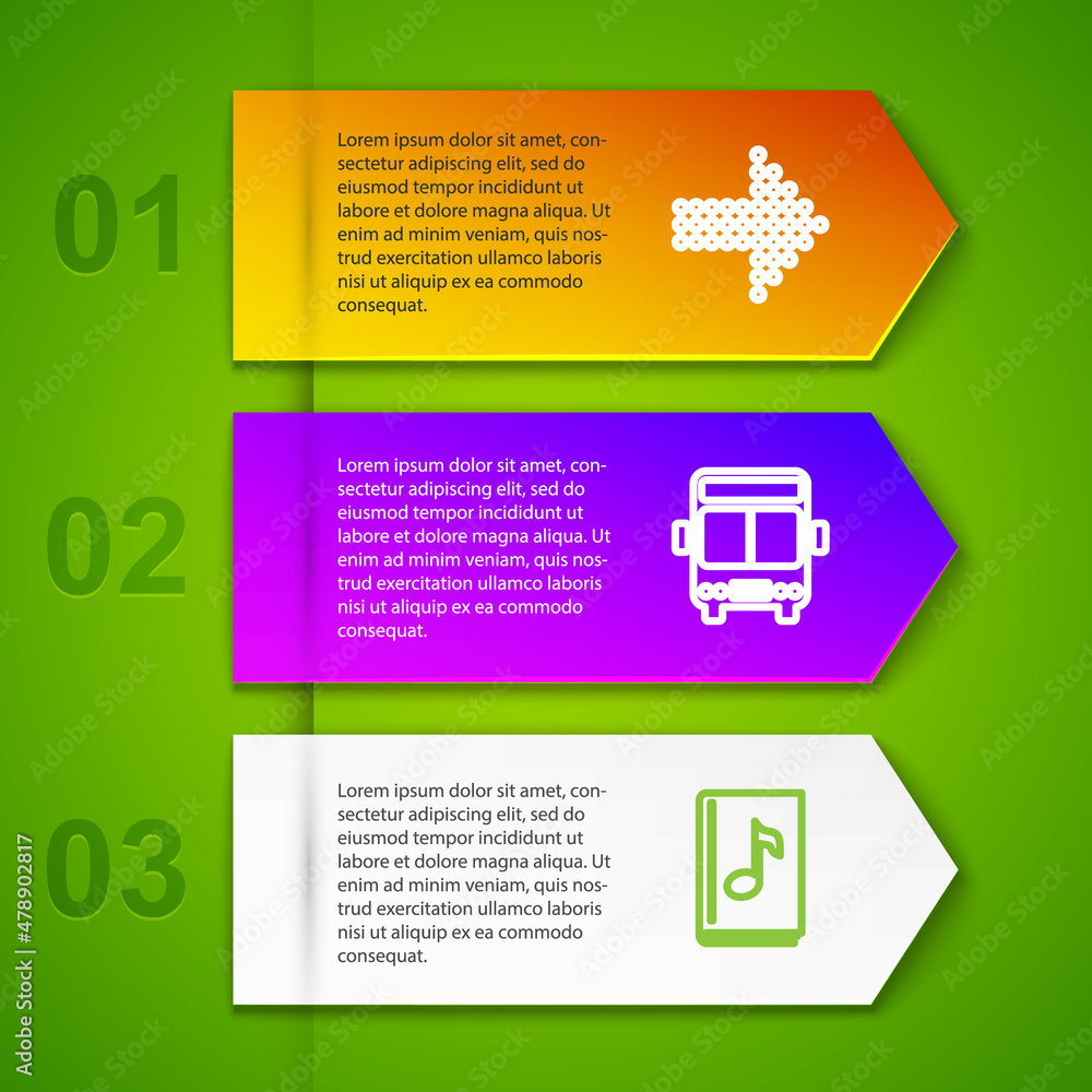 Set line Dots arrow, Bus, Audio book and Crossed ruler and pencil. Business infographic template. Ve