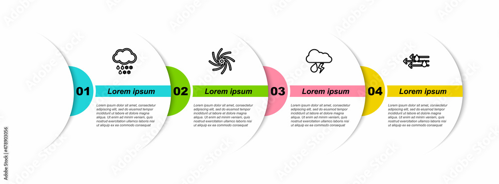 Set line Cloud with snow and rain, Tornado, lightning and Wind. Business infographic template. Vecto