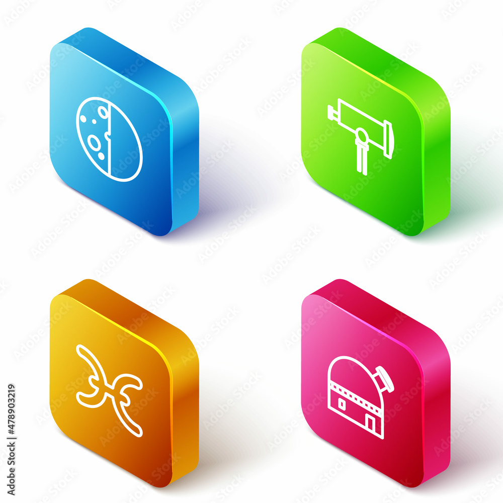 Set Isometric line Eclipse of the sun, Telescope, Pisces zodiac and Astronomical observatory icon. V