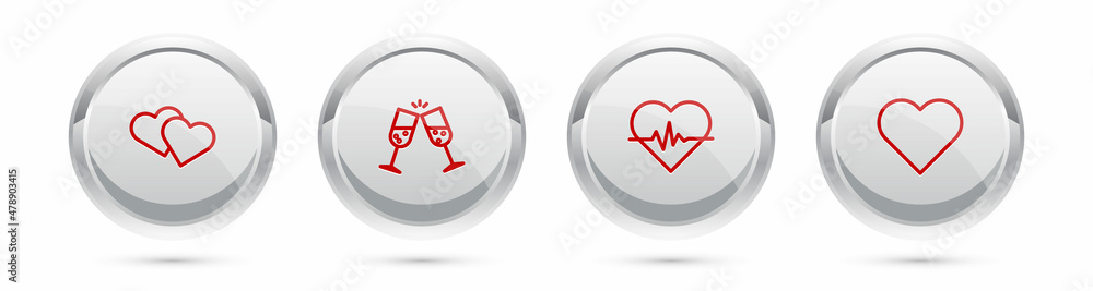 Set line Heart，一杯香槟，rate and。Silver circle button.Vector