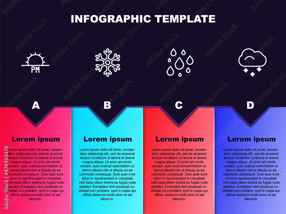 日落、雪花、水滴和带雪的云。商业信息图模板。矢量