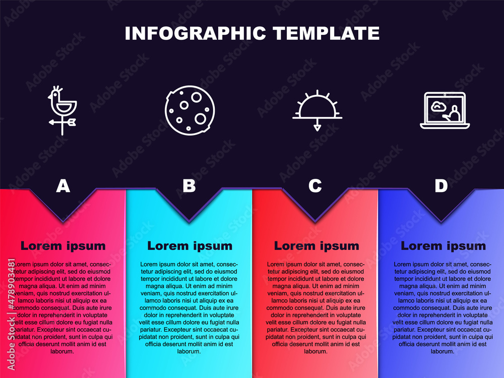 设置公鸡风向标、月亮、日落和天气预报。商业信息图表模板。Vec