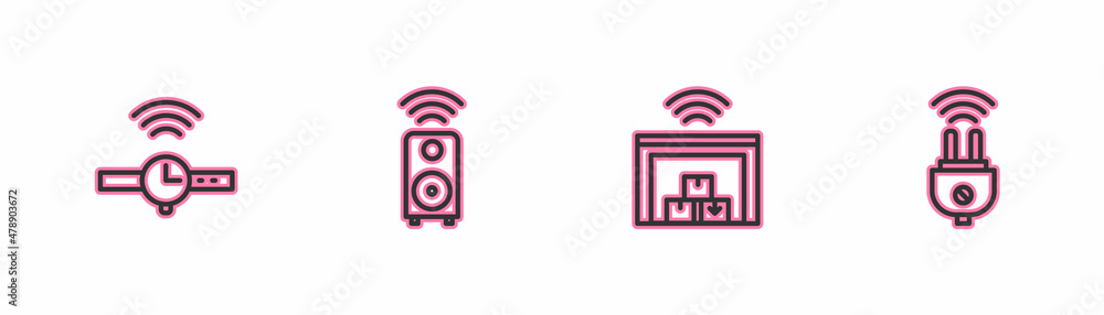 设置智能手表、仓库、立体声扬声器和电插头图标。矢量