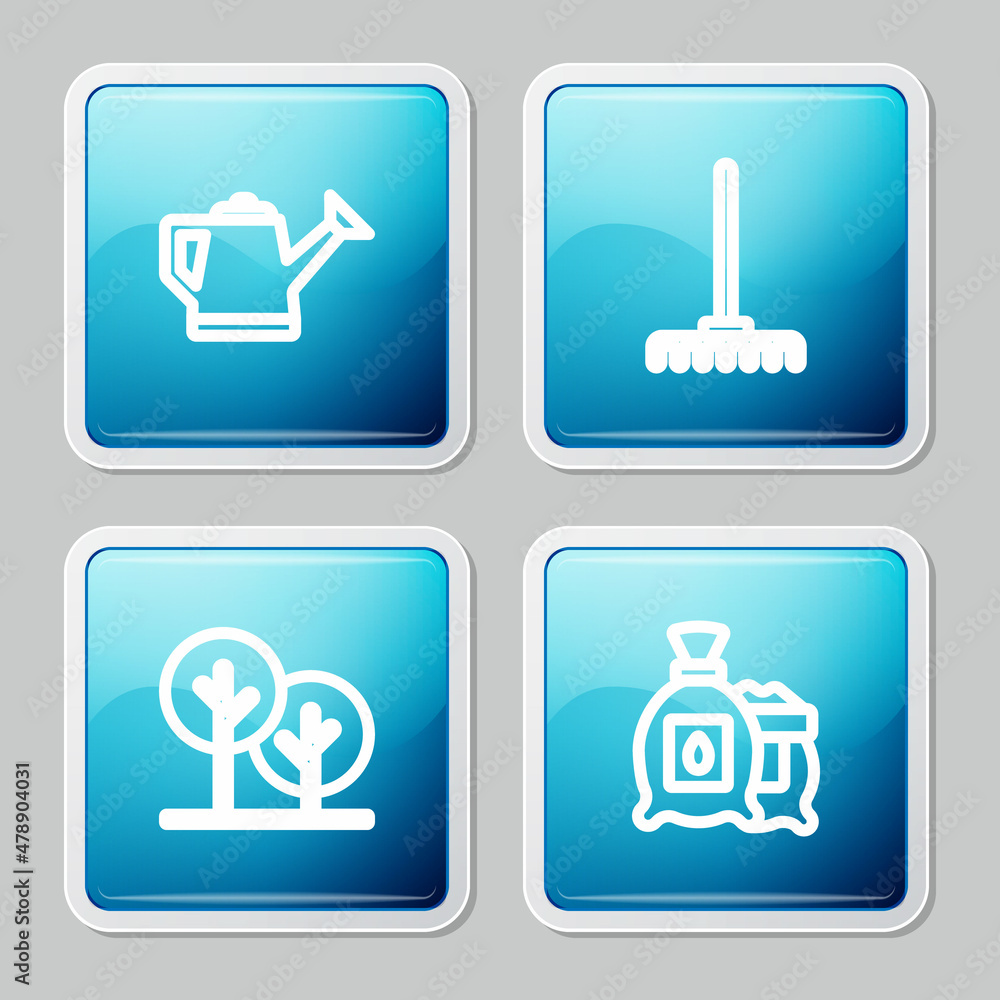 Set line Watering can, Garden rake, Tree and Pack full of seeds of plant icon. Vector