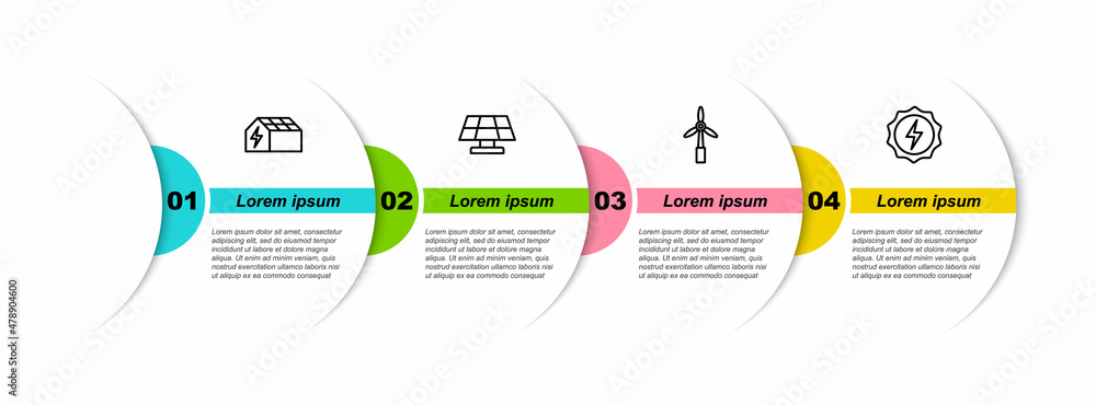 太阳能电池板、风力涡轮机和闪电。商业信息图模板。Vecto