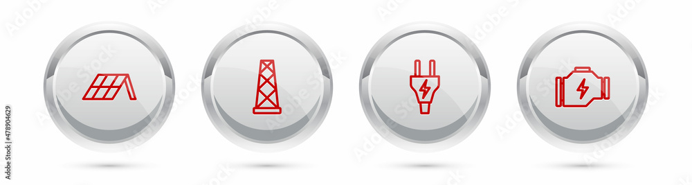 设置线路太阳能面板、天线、电气插头和检查发动机。银圈按钮。矢量