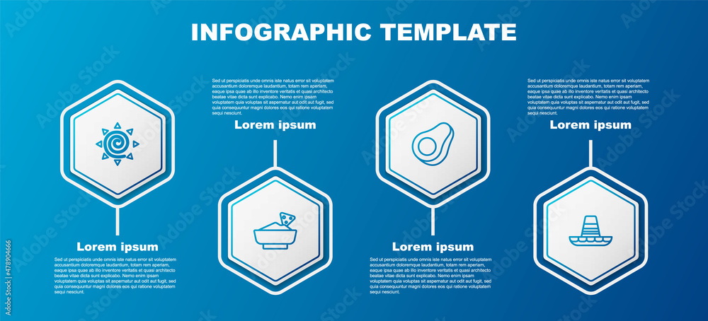 Set line Sun, Nachos in bowl, Avocado fruit and Mexican sombrero. Business infographic template. Vec