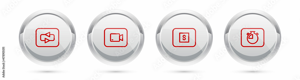 Set line Repeat button, Play video, Stop media and Stopwatch. Silver circle button. Vector