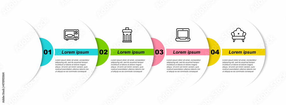 设置线微波炉，垃圾桶，笔记本电脑和沙发。商业信息图模板。矢量