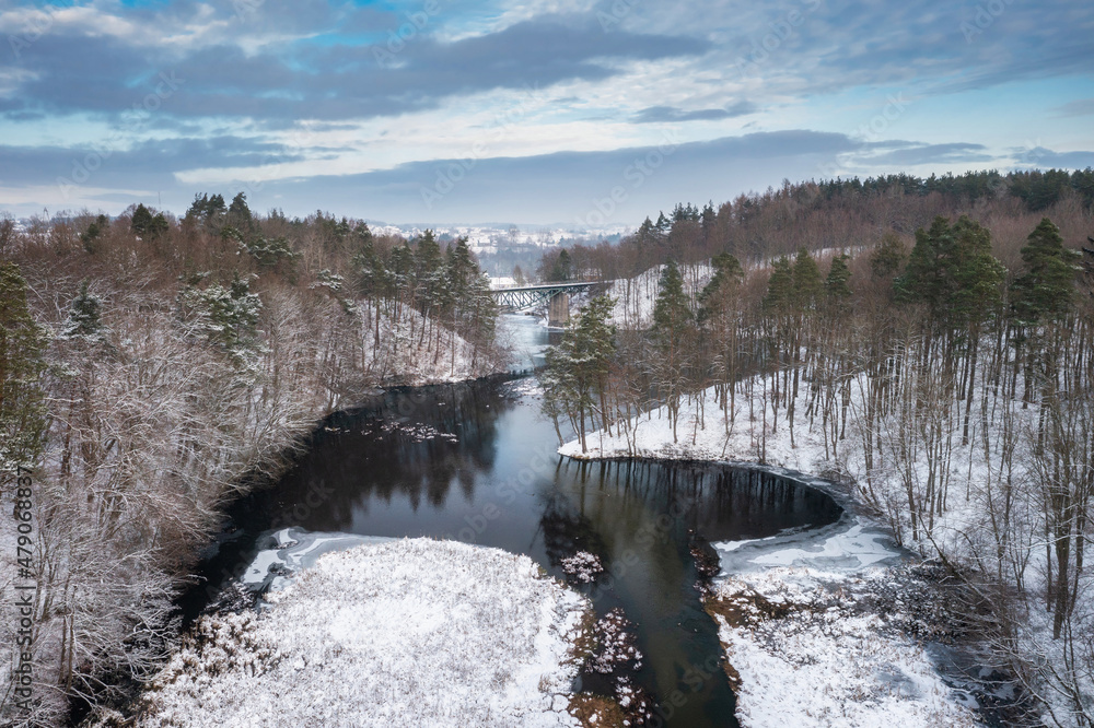 Winter scenery of the Radunia river meanders, Kashubia. Poland