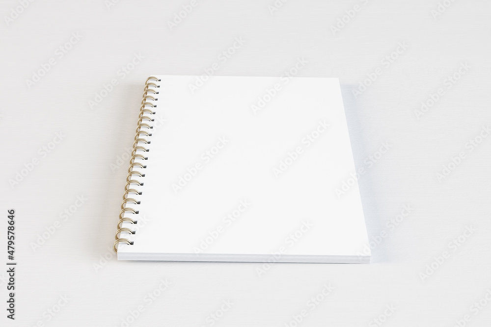 Close up of blank white spiral notepad on light desktop background. Mock up, 3D Rendering.