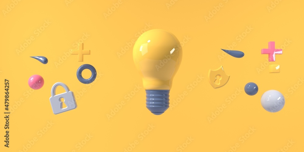 Light bulb with flying geometric shapes - 3D render