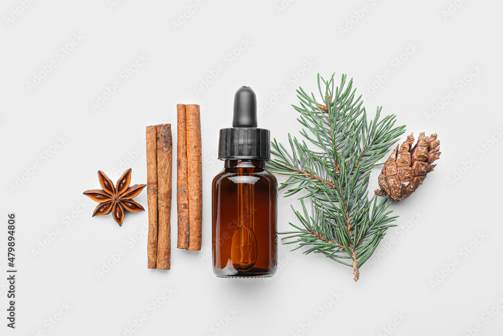 Bottle of essential oil, spices, fir branch and cone on white background