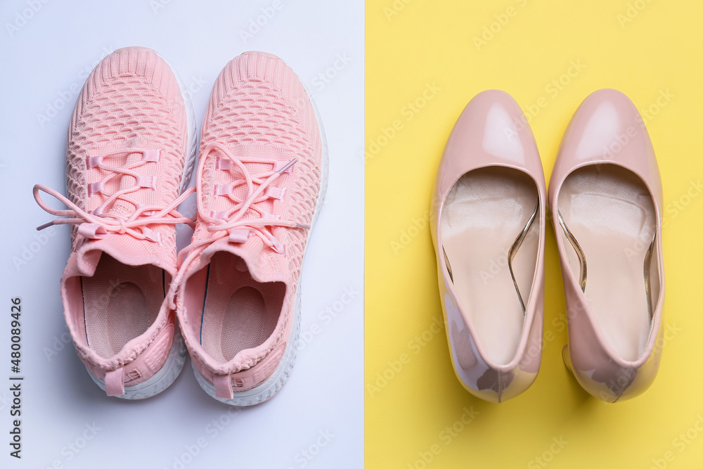 Sports shoes and high-heels on color background. Concept of balance