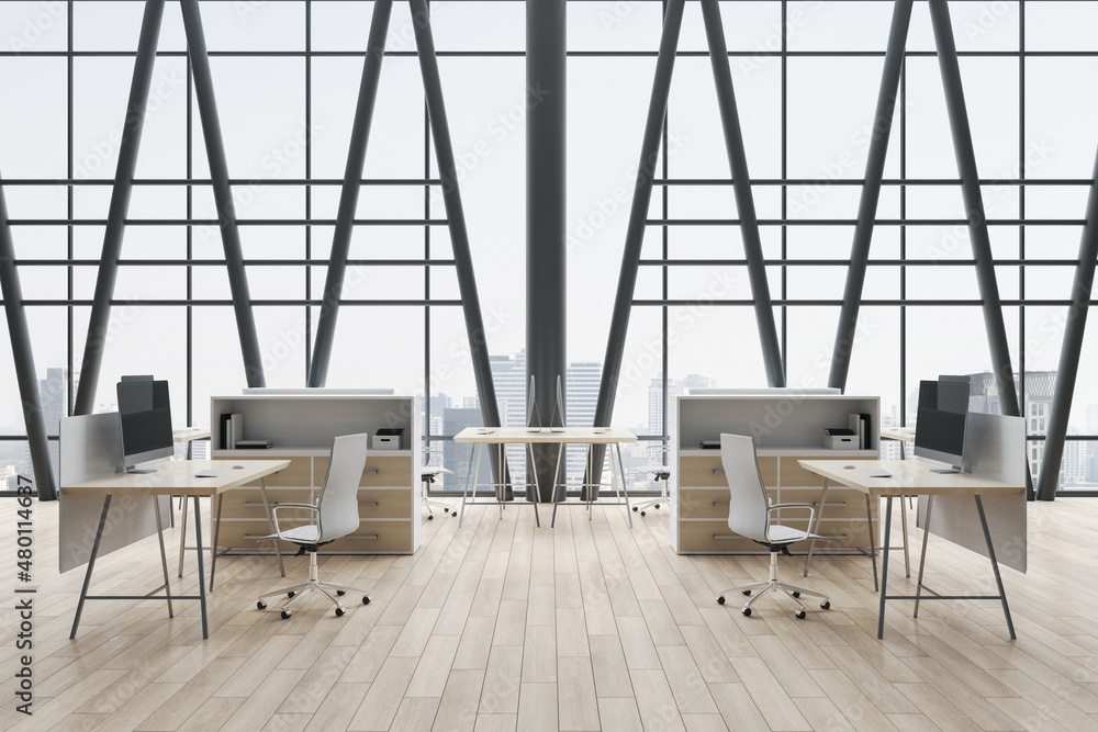 Modern concrete coworking office room interior with panoramic window and city view, wooden parquet f